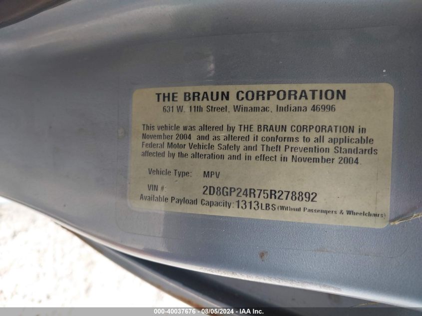 2005 Dodge Grand Caravan Se VIN: 2D8GP24R75R278892 Lot: 40037676