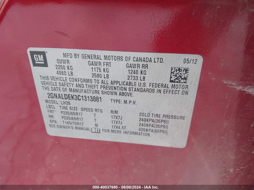 2012 Chevrolet Equinox Lt W/1Lt VIN: 2GNALDEK3C1313881 Lot: 40037690