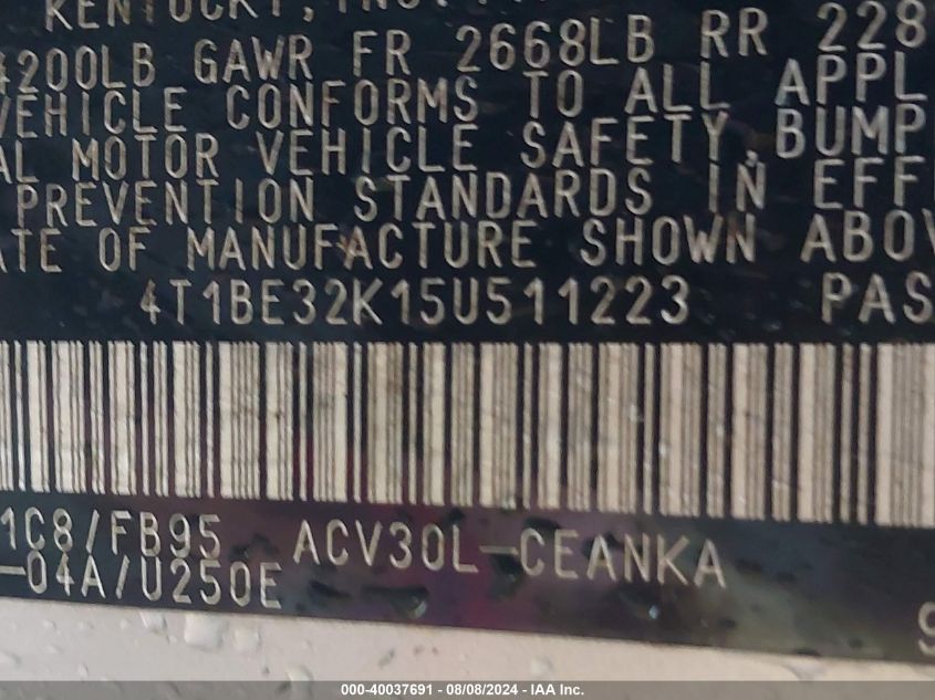 2005 Toyota Camry Le VIN: 4T1BE32K15U511223 Lot: 40037691