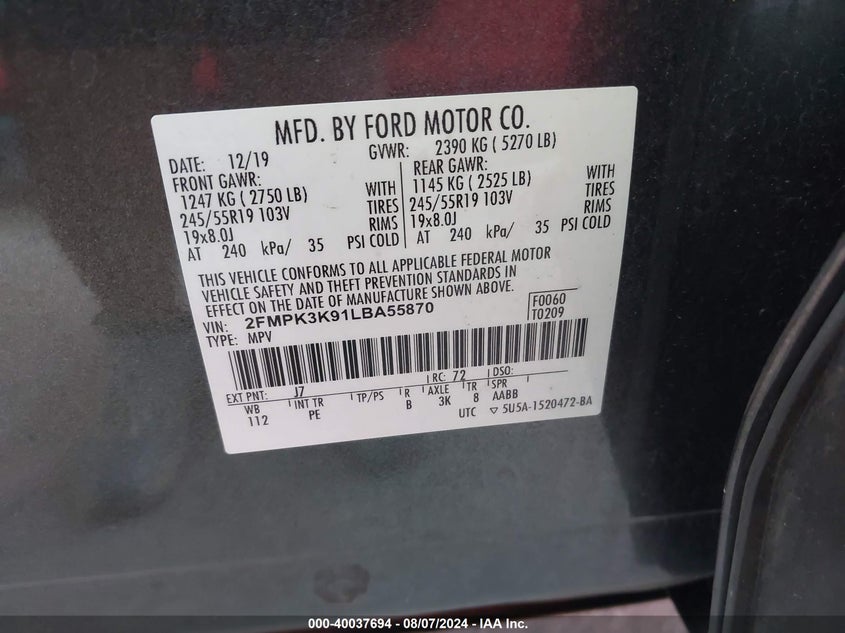 VIN 2FMPK3K91LBA55870 2020 FORD EDGE TITANIUM