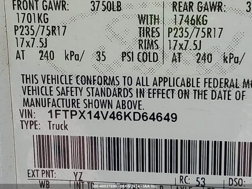 2006 Ford F-150 Fx4/Lariat/Xl/Xlt VIN: 1FTPX14V46KD64649 Lot: 40037696