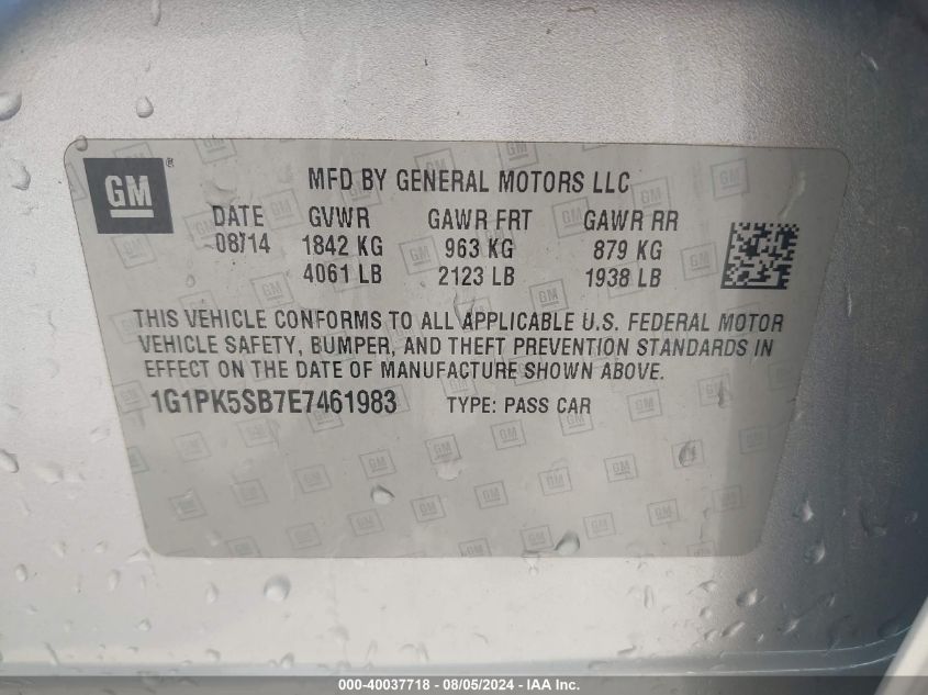 2014 Chevrolet Cruze Lt VIN: 1G1PK5SB7E7461983 Lot: 40037718