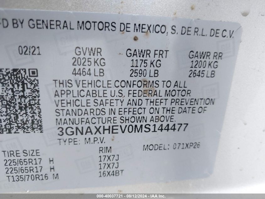 2021 Chevrolet Equinox Fwd Ls VIN: 3GNAXHEV0MS144477 Lot: 40037721