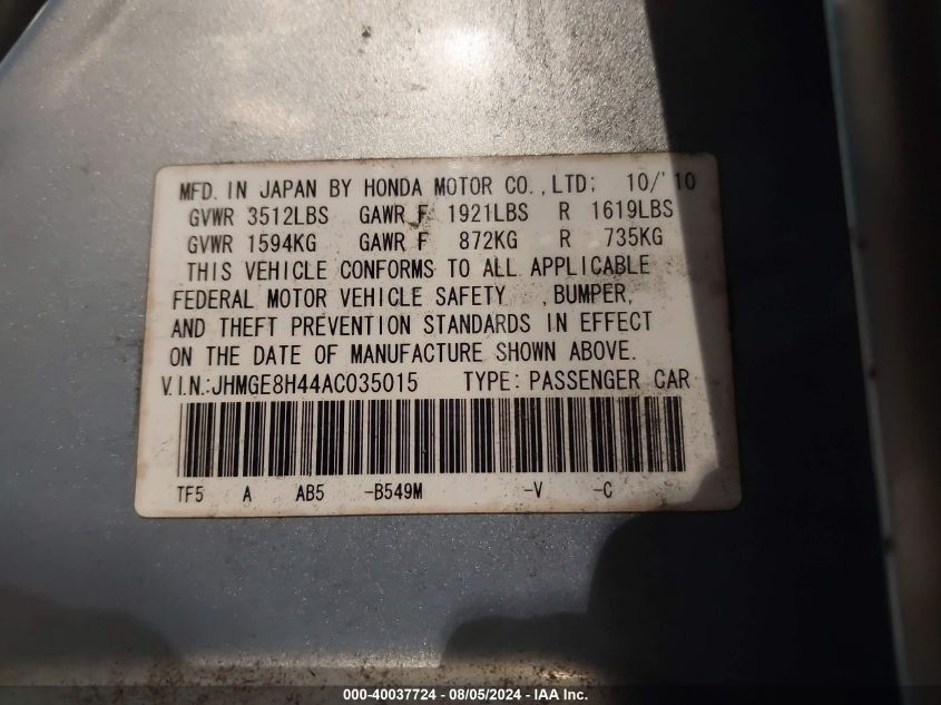 2010 Honda Fit Sport VIN: JHMGE8H44AC035015 Lot: 40037724
