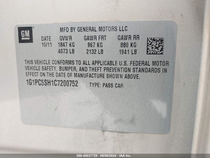 2012 Chevrolet Cruze Ls VIN: 1G1PC5SH1C7200752 Lot: 40037729