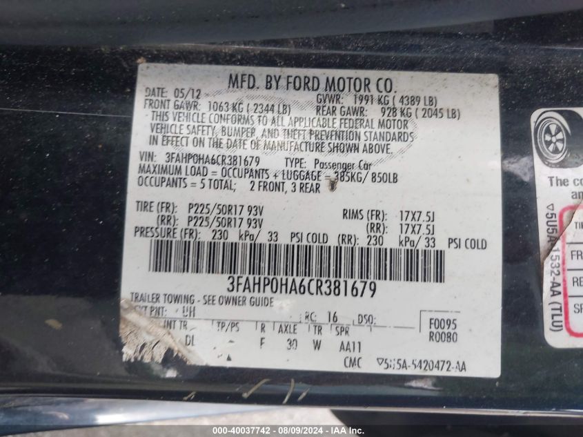 2012 Ford Fusion Se VIN: 3FAHP0HA6CR381679 Lot: 40037742