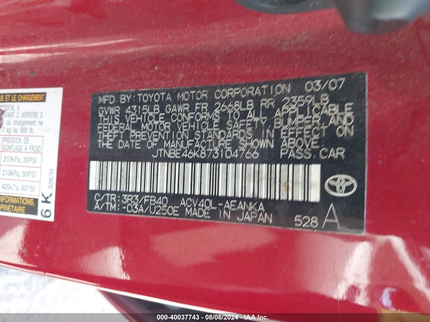 2007 Toyota Camry Le VIN: JTNBE46K873104766 Lot: 40037743