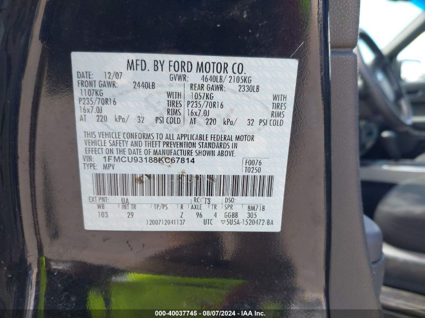 2008 Ford Escape Xlt VIN: 1FMCU93188KC67814 Lot: 40037745