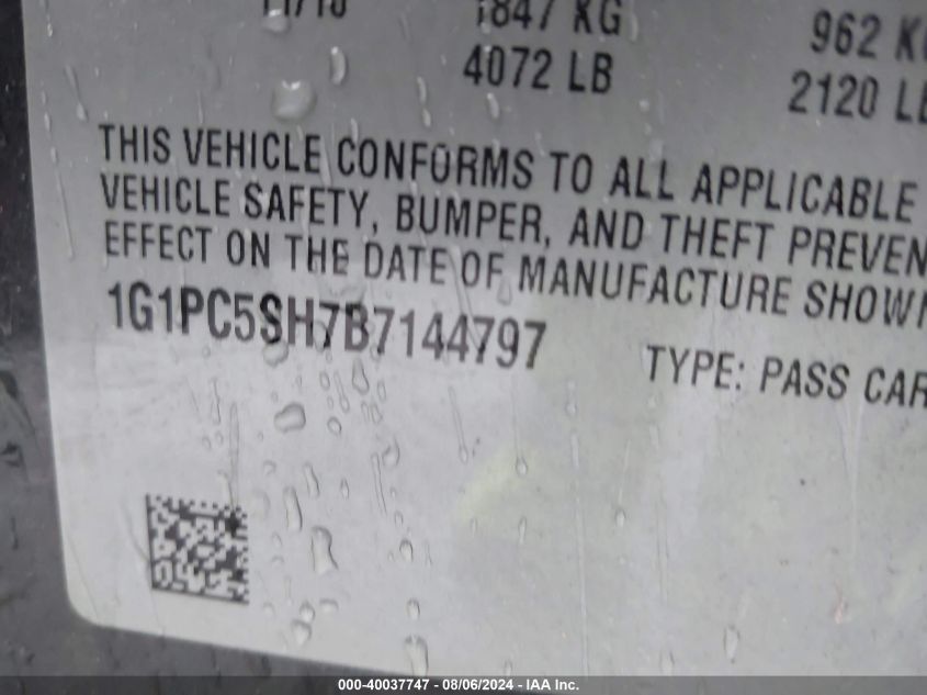 2011 Chevrolet Cruze Ls VIN: 1G1PC5SH7B7144797 Lot: 40037747