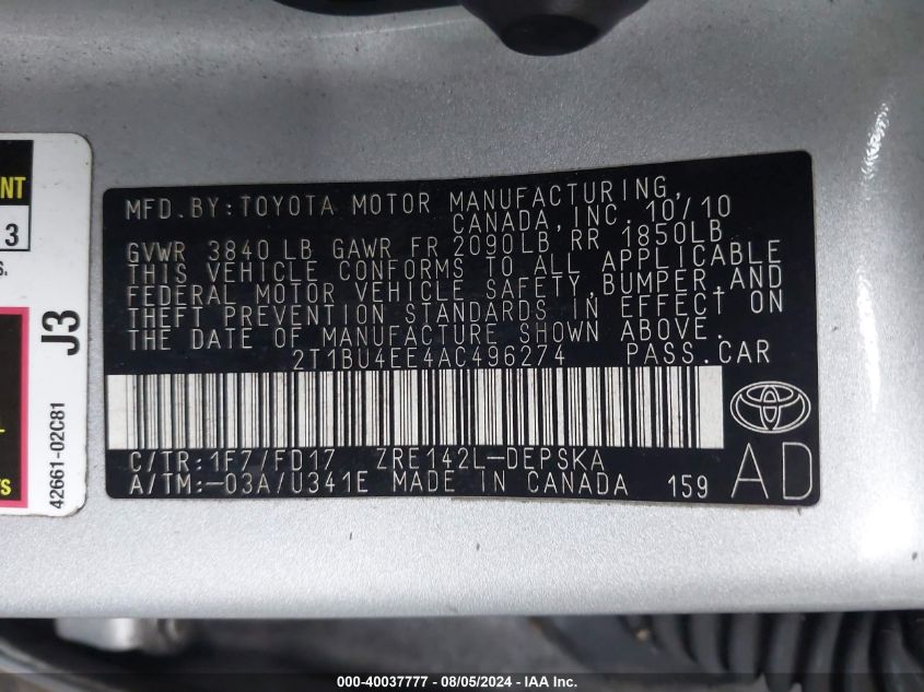 2010 Toyota Corolla S VIN: 2T1BU4EE4AC496274 Lot: 40037777