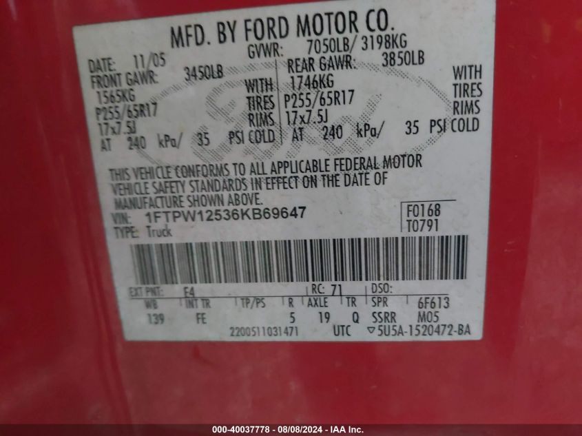 2006 Ford F-150 Lariat/Xlt VIN: 1FTPW12536KB69647 Lot: 40037778