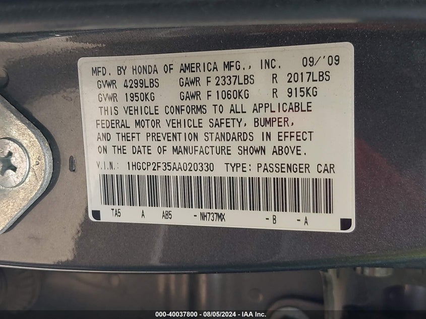 2010 Honda Accord 2.4 Lx VIN: 1HGCP2F35AA020330 Lot: 40037800