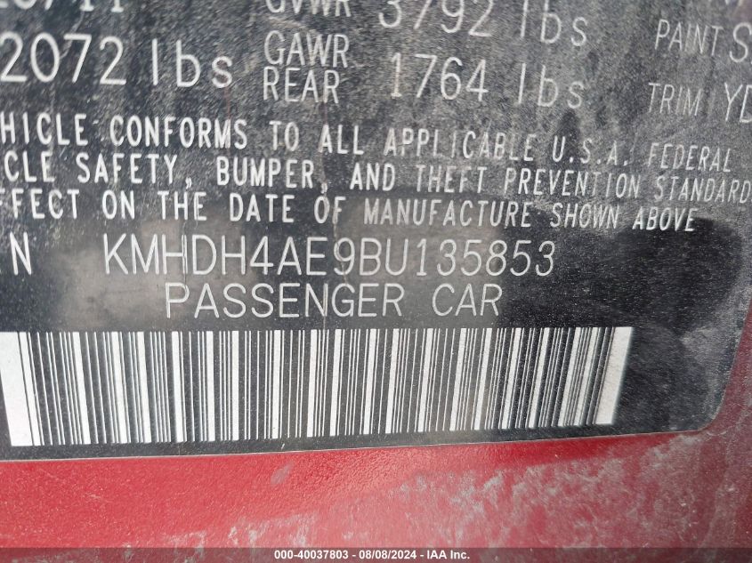 2011 Hyundai Elantra Limited (Ulsan Plant) VIN: KMHDH4AE9BU135853 Lot: 40037803