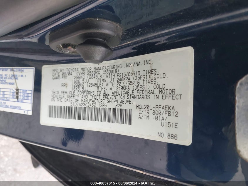 2004 Toyota Sienna Le VIN: 5TDZA23C24S211306 Lot: 40037815