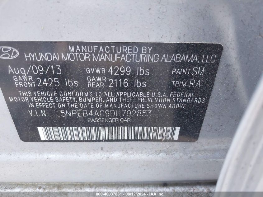2013 Hyundai Sonata Gls VIN: 5NPEB4AC9DH792853 Lot: 40037831