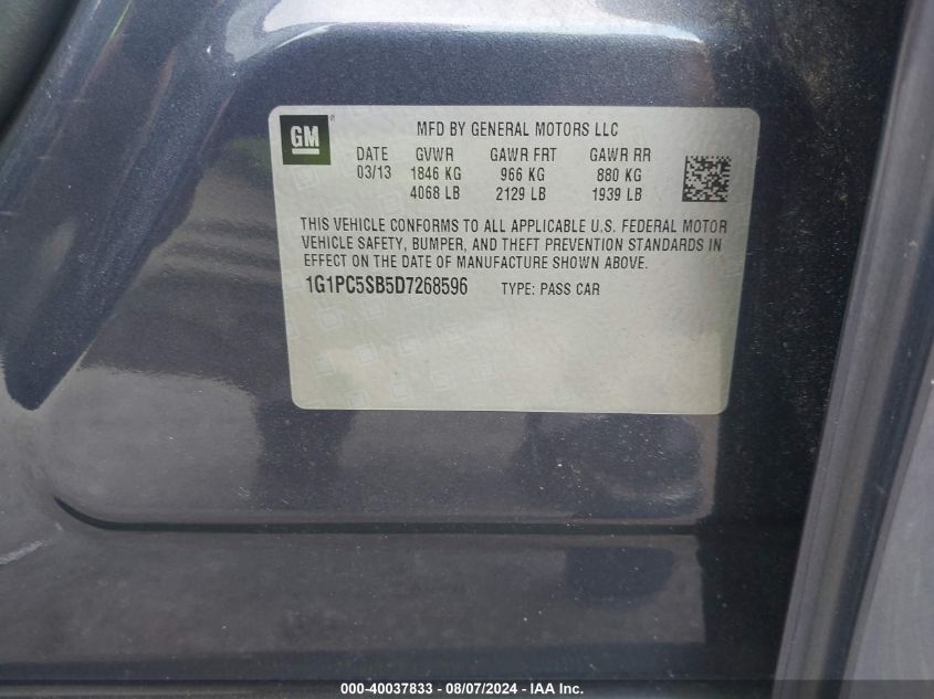 2013 Chevrolet Cruze Lt VIN: 1G1PC5SB5D7268596 Lot: 40037833