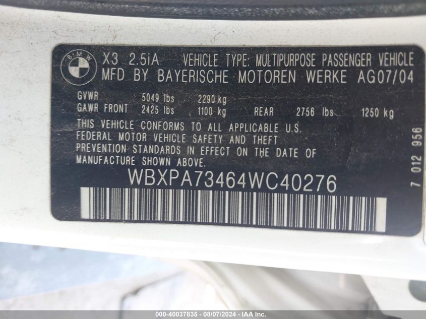 2004 BMW X3 2.5I VIN: WBXPA73464WC40276 Lot: 40037835