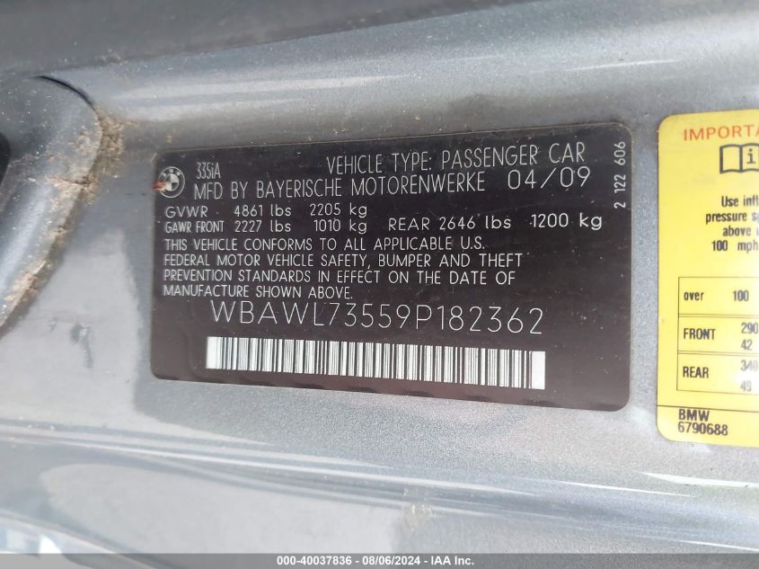 2009 BMW 335I VIN: WBAWL73559P182362 Lot: 40037836