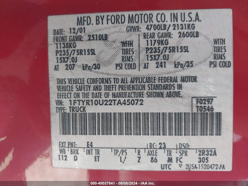 2002 Ford Ranger Edge/Xl/Xlt VIN: 1FTYR10U22TA45072 Lot: 40037841