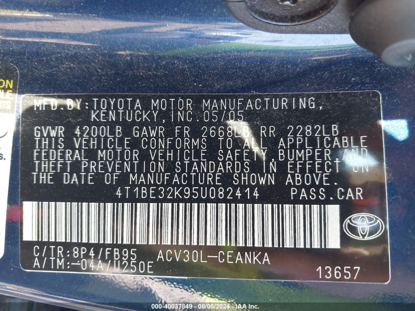 2005 Toyota Camry Le VIN: 4T1BE32K95U082414 Lot: 40037849