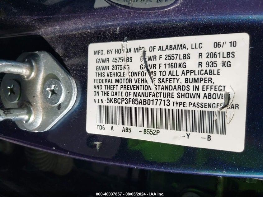 2010 Honda Accord 3.5 Ex-L VIN: 5KBCP3F85AB017713 Lot: 40037857