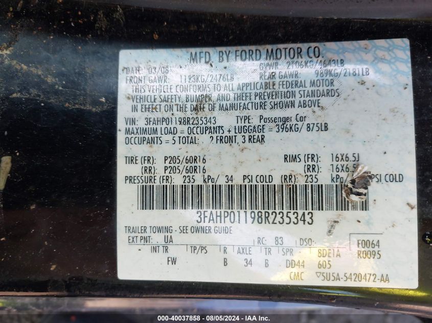 2008 Ford Fusion Se VIN: 3FAHP01198R235343 Lot: 40037858