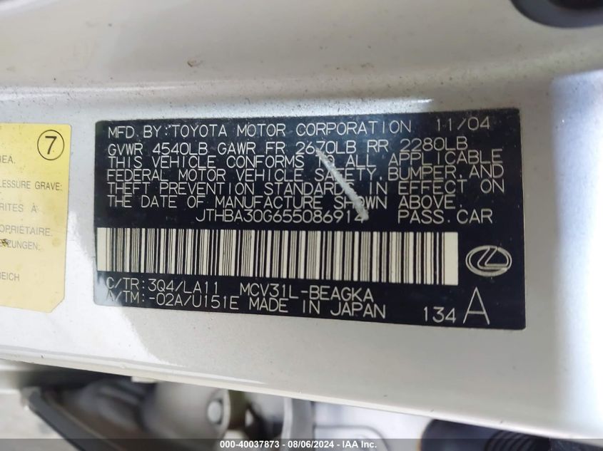 2005 Lexus Es 330 VIN: JTHBA30G655086914 Lot: 40037873