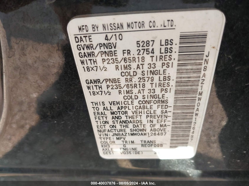 2010 Nissan Murano S VIN: JN8AZ1MW0AW126487 Lot: 40037876