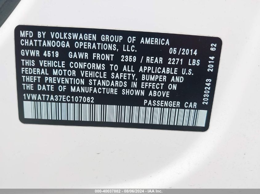 2014 Volkswagen Passat 1.8T Wolfsburg Edition VIN: 1VWAT7A37EC107062 Lot: 40037882