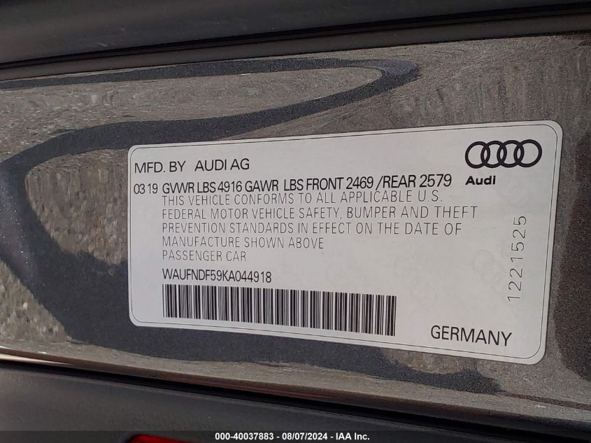 WAUFNDF59KA044918 2019 Audi A5 45 Premium