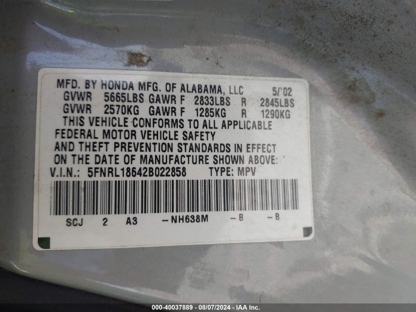 2002 Honda Odyssey Ex VIN: 5FNRL18642B022858 Lot: 40037889