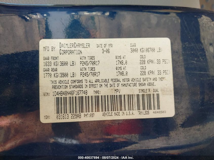 2006 Dodge Durango Slt VIN: 1D4HB48N46F167748 Lot: 40037894