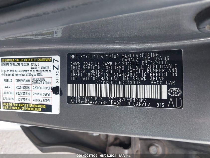 2006 Toyota Matrix Xr VIN: 2T1KR30E66C613007 Lot: 40037902