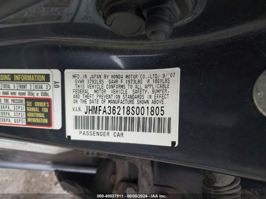 2008 Honda Civic Hybrid Hybrid VIN: JHMFA36218S001805 Lot: 40037911