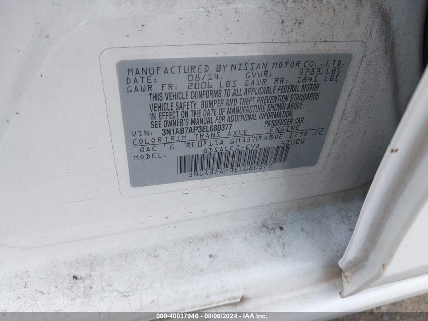 2014 Nissan Sentra S/Sv/Sr/Sl VIN: 3N1AB7AP3EL680377 Lot: 40037946