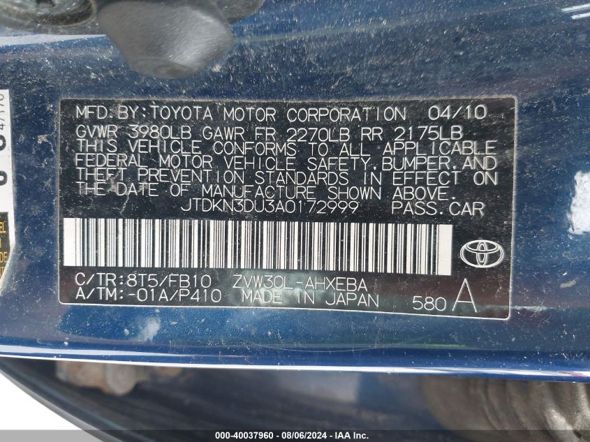 JTDKN3DU3A0172999 | 2010 TOYOTA PRIUS