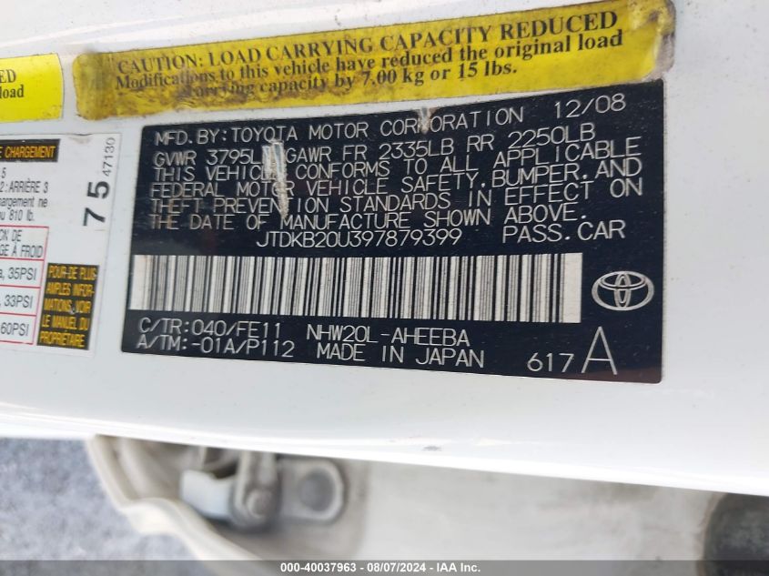 2009 Toyota Prius VIN: JTDKB20U397879399 Lot: 40037963