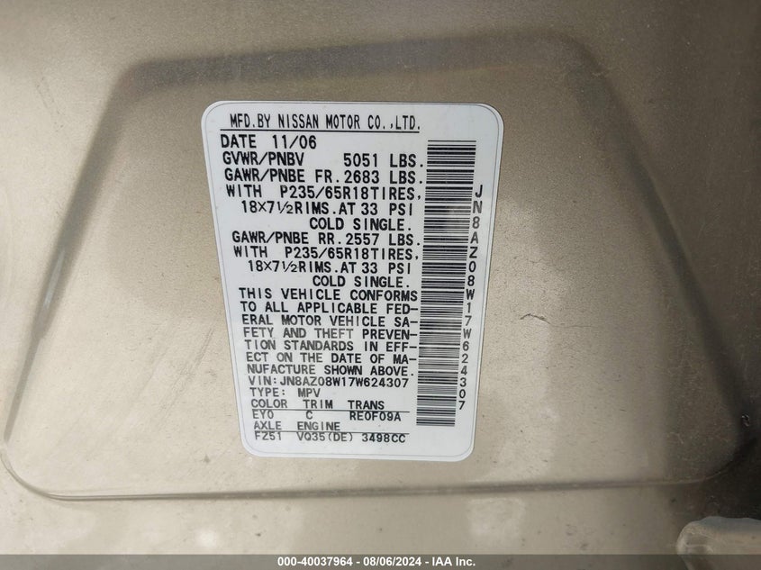 2007 Nissan Murano S VIN: JN8AZ08W17W624307 Lot: 40037964