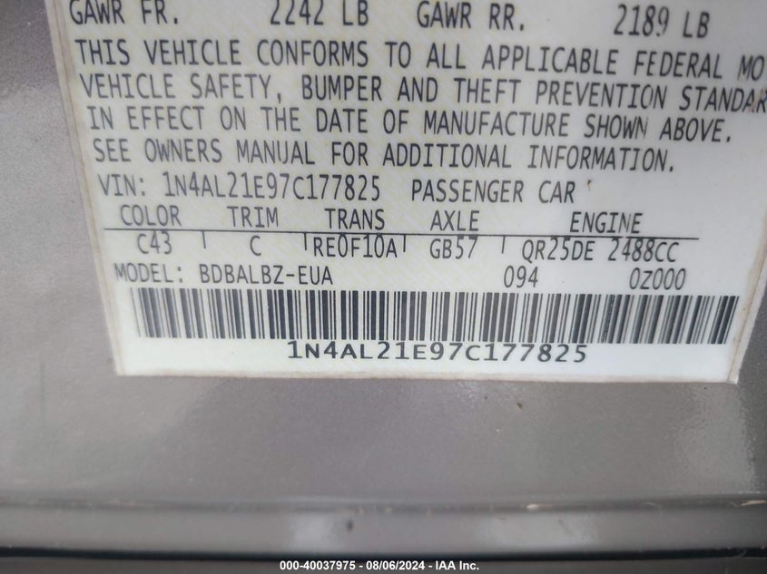 2007 Nissan Altima 2.5/2.5 S VIN: 1N4AL21E97C177825 Lot: 40037975