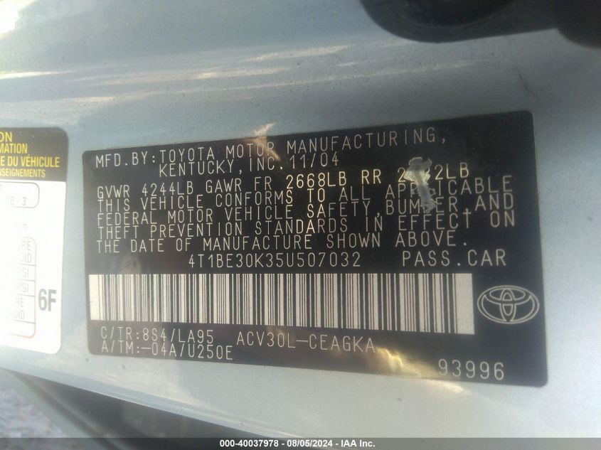 2005 Toyota Camry Xle VIN: 4T1BE30K35U507032 Lot: 40037978