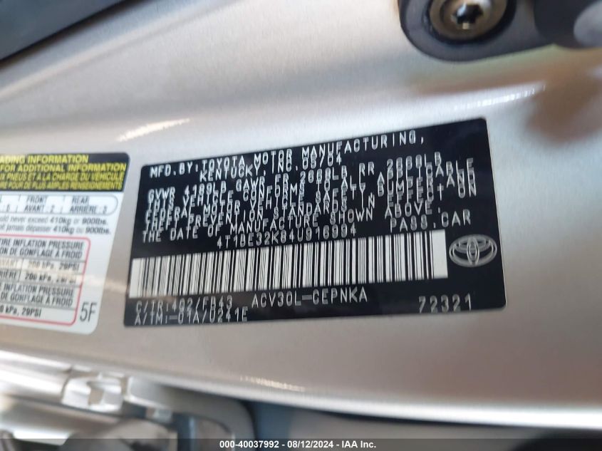 2004 Toyota Camry Le VIN: 4T1BE32K84U916994 Lot: 40037992