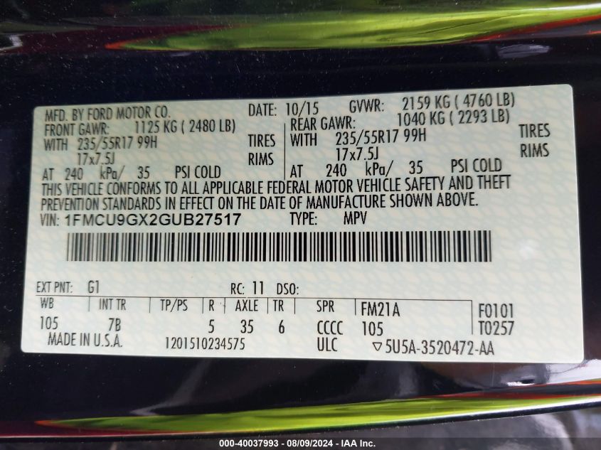 2016 Ford Escape Se VIN: 1FMCU9GX2GUB27517 Lot: 40037993