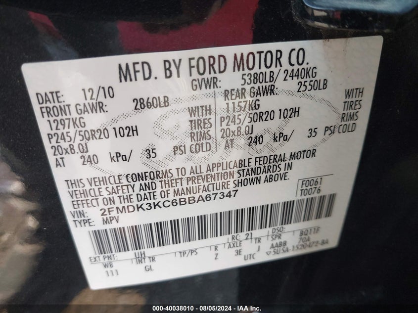 2011 Ford Edge Limited VIN: 2FMDK3KC6BBA67347 Lot: 40038010