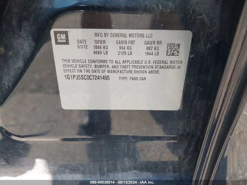 2012 Chevrolet Cruze Eco VIN: 1G1PJ5SC0C7241495 Lot: 40038014