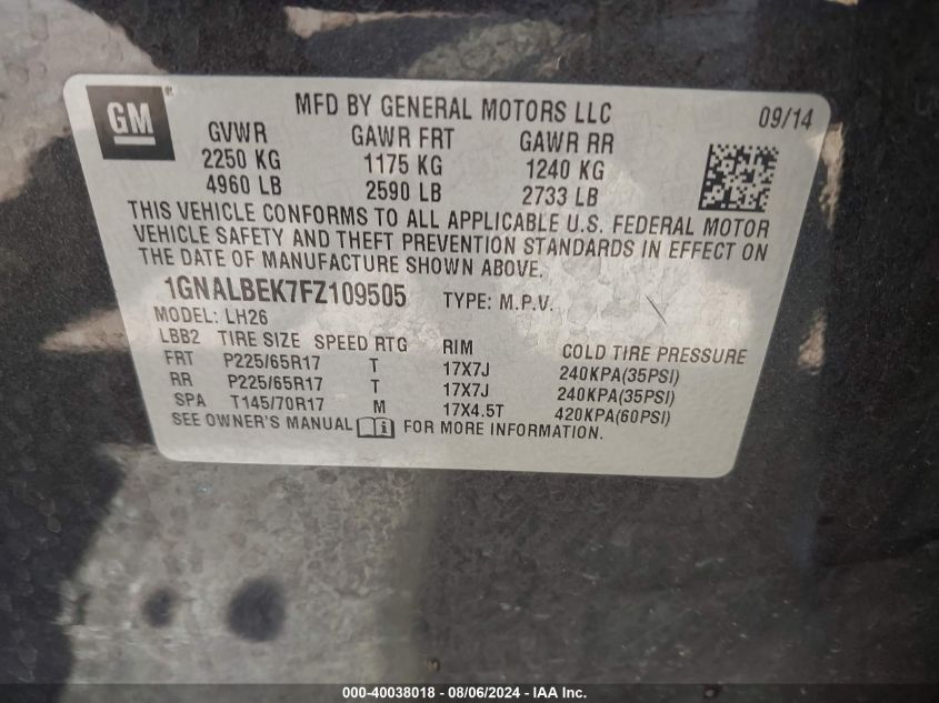 2015 Chevrolet Equinox 1Lt VIN: 1GNALBEK7FZ109505 Lot: 40038018
