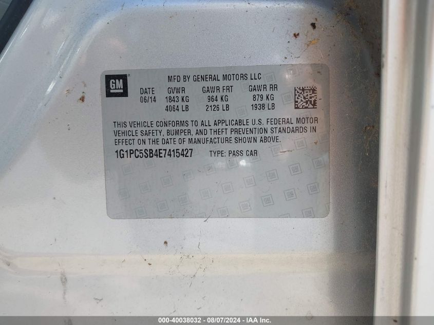 2014 Chevrolet Cruze 1Lt Auto VIN: 1G1PC5SB4E7415427 Lot: 40038032