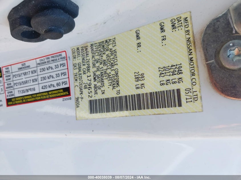 2011 Nissan Altima 2.5 S VIN: 1N4AL2EP8BC179652 Lot: 40038039