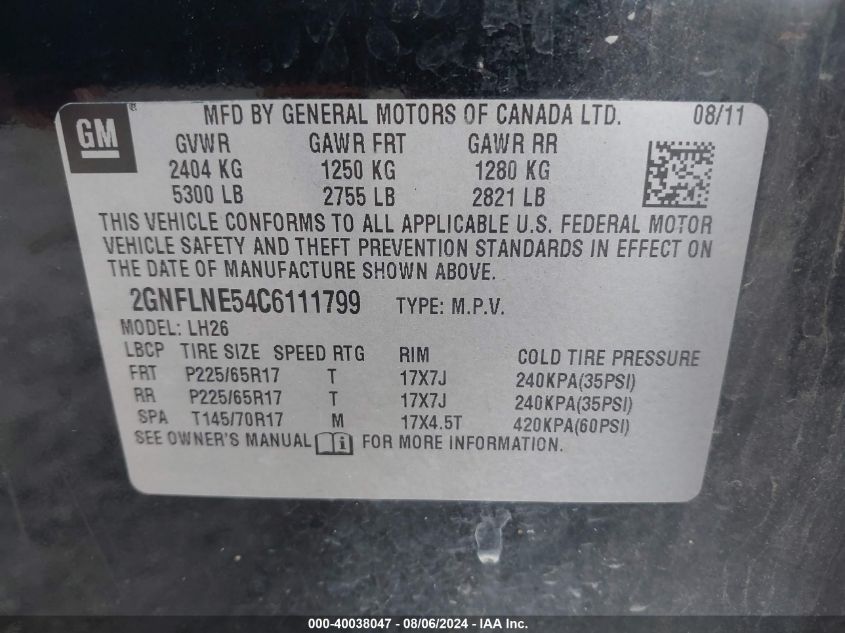 2012 Chevrolet Equinox Lt VIN: 2GNFLNE54C6111799 Lot: 40038047