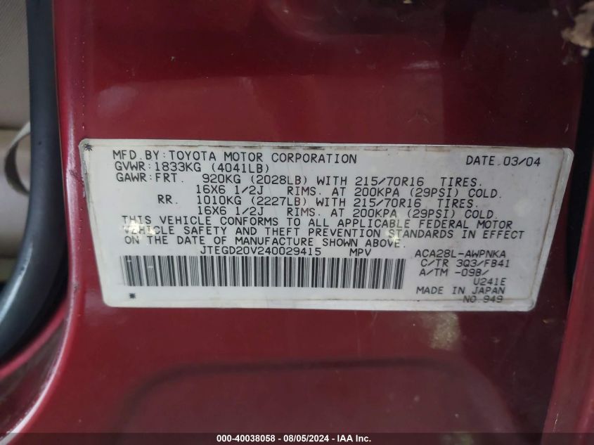 2004 Toyota Rav4 VIN: JTEGD20V240029415 Lot: 40038058