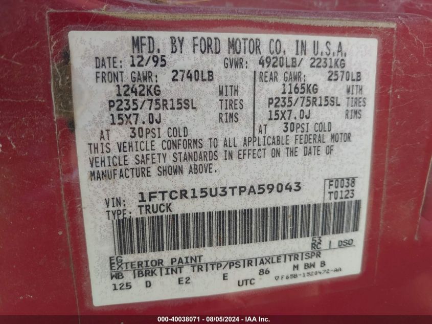 1996 Ford Ranger Super Cab VIN: 1FTCR15U3TPA59043 Lot: 40038071